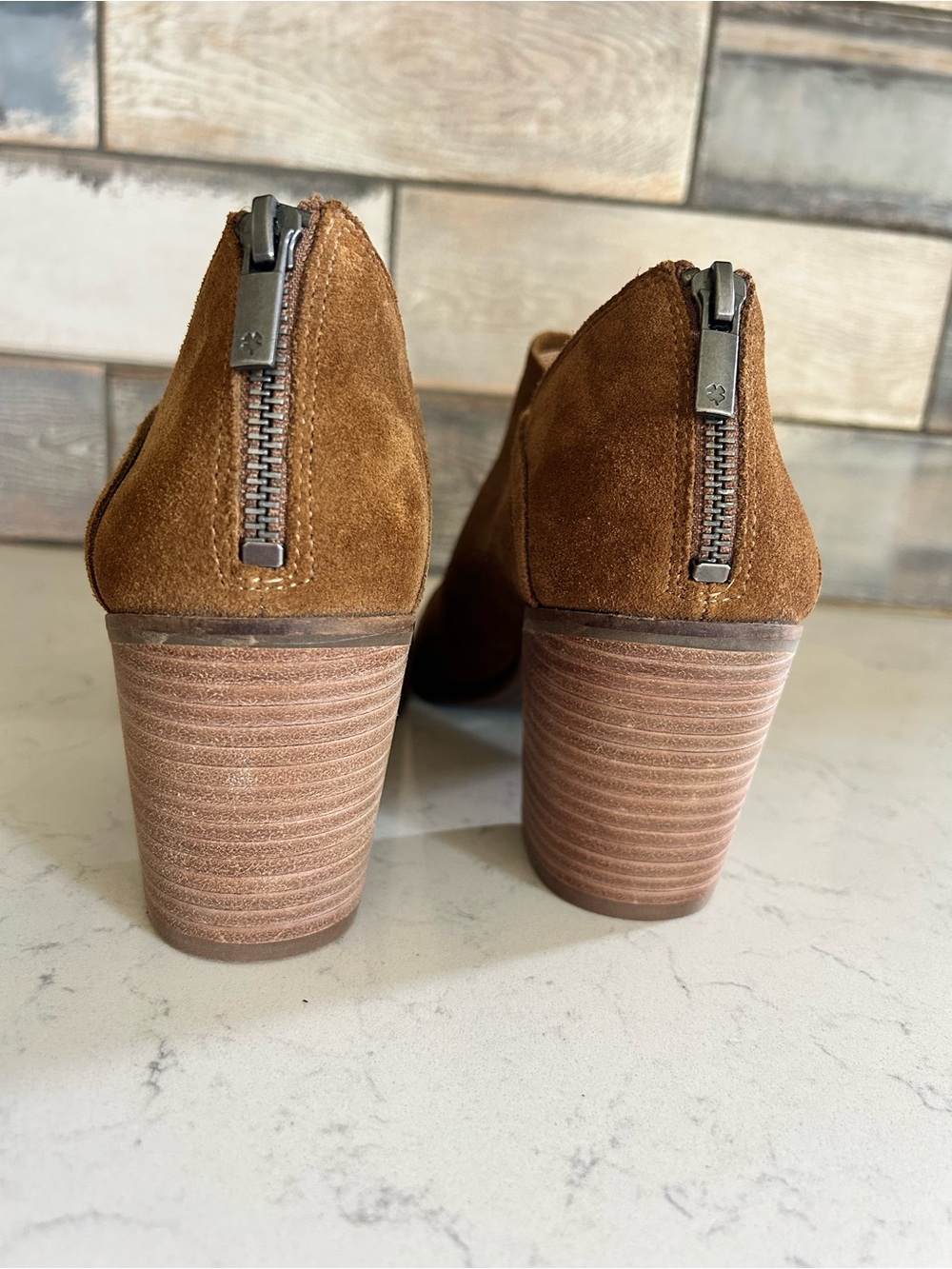 🍀Lucky Brand Kalli Tan Oiled Suede Open-Toe Block Heel Mule Ankle Booties - Picture 6 of 11